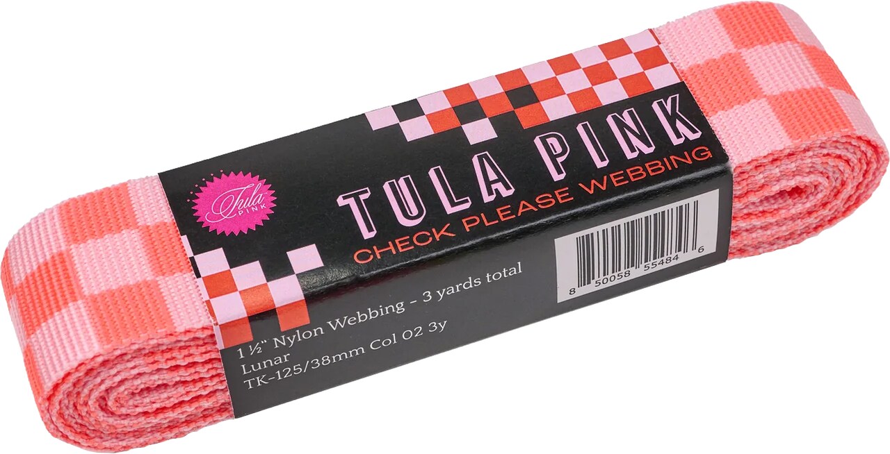 Check Please Webbing Pack Panel in Lunar Neon (tk-125/38mm col 02 3y) | Check Please Webbing Packs | Tula Pink | Renaissance Ribbons